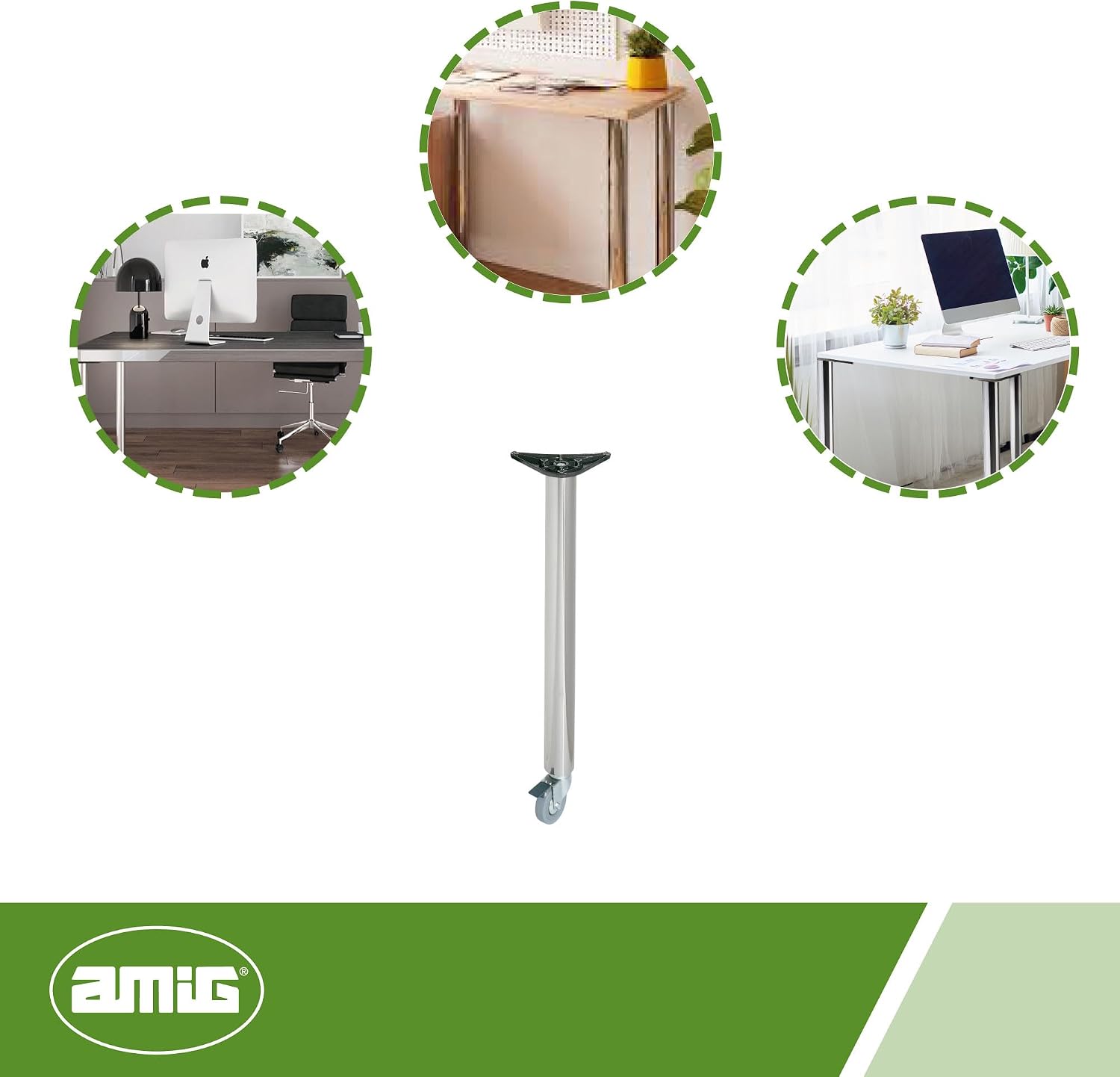 Picior de masă cromat, oțel aliat, roți pivotante blocabile, capacitate portantă 15 kg per picior, 60x870 mm. Ușor de instalat, robust și stabil.