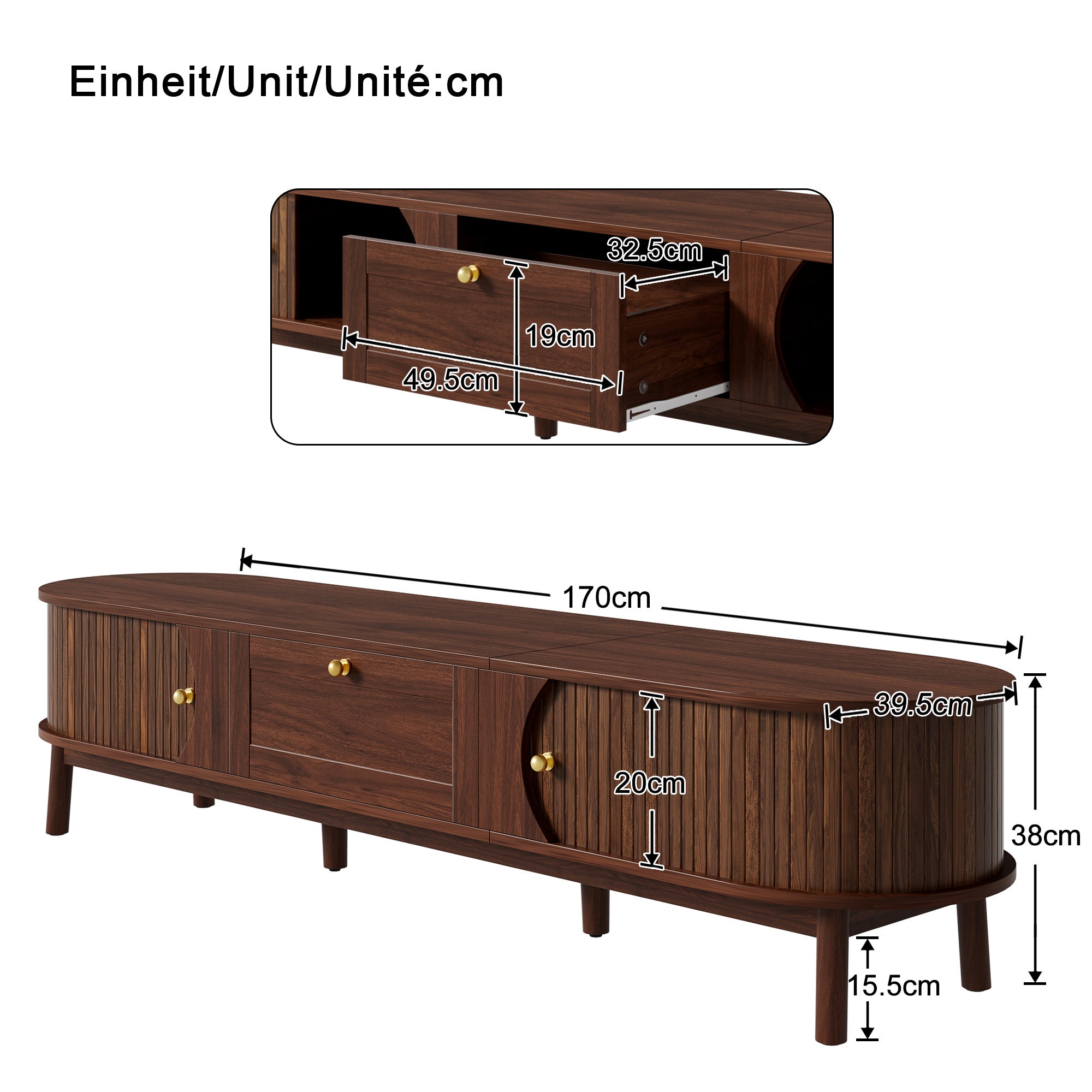 Nowoczesna szafka RTV z 2 drzwiami przesuwnymi i 1 szufladą - 170 x 39,5 x 38 cm - MDF i nogi drewniane - do salonu - orzech - 4