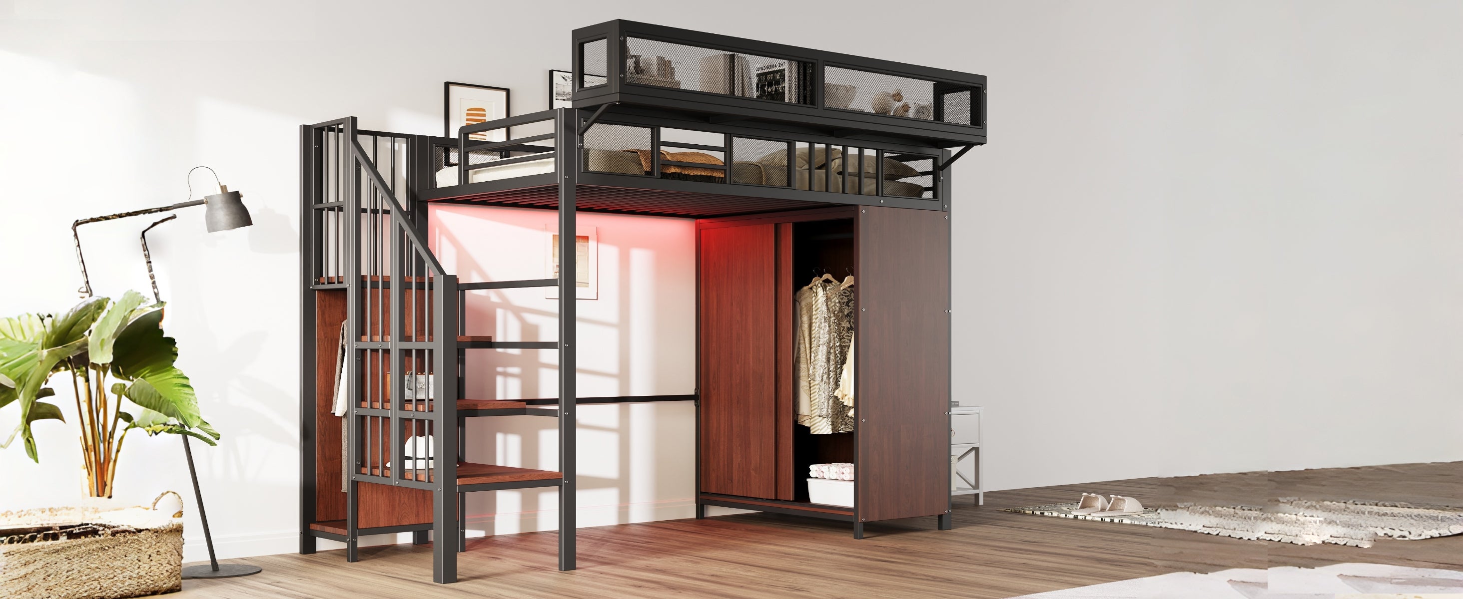 Łóżko piętrowe 90 x 200 cm z szafą, schowkiem i półką - Metal + sklejka + MDF - Diody LED - Czarne (Materac nie jest wliczony w cenę) - 7