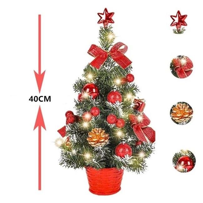 Mini Albero Di Natale Artificiale Con Luci LED, 40 Cm, Decorato Con Pigne E Luci Calde, Perfetto Per Decorazione Tavolo, Camino O Scrivania, Alimentazione A Batterie (Non Incluse)