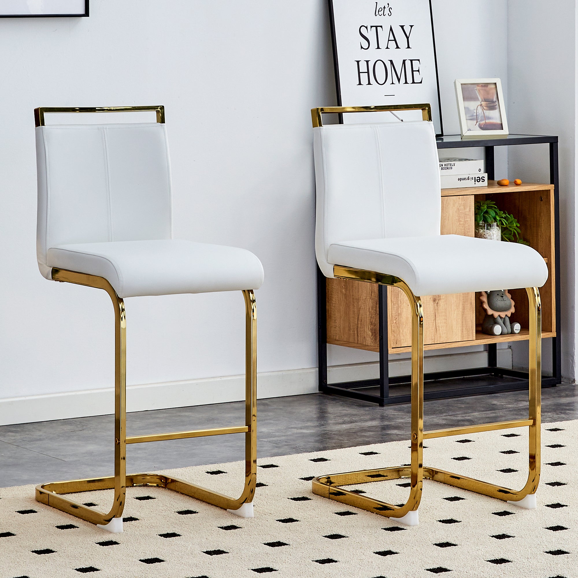 Taburete de bar - juego de 2 - patas de metal dorado - metal y poliuretano - blanco y dorado (39x46,5x96,5cm)