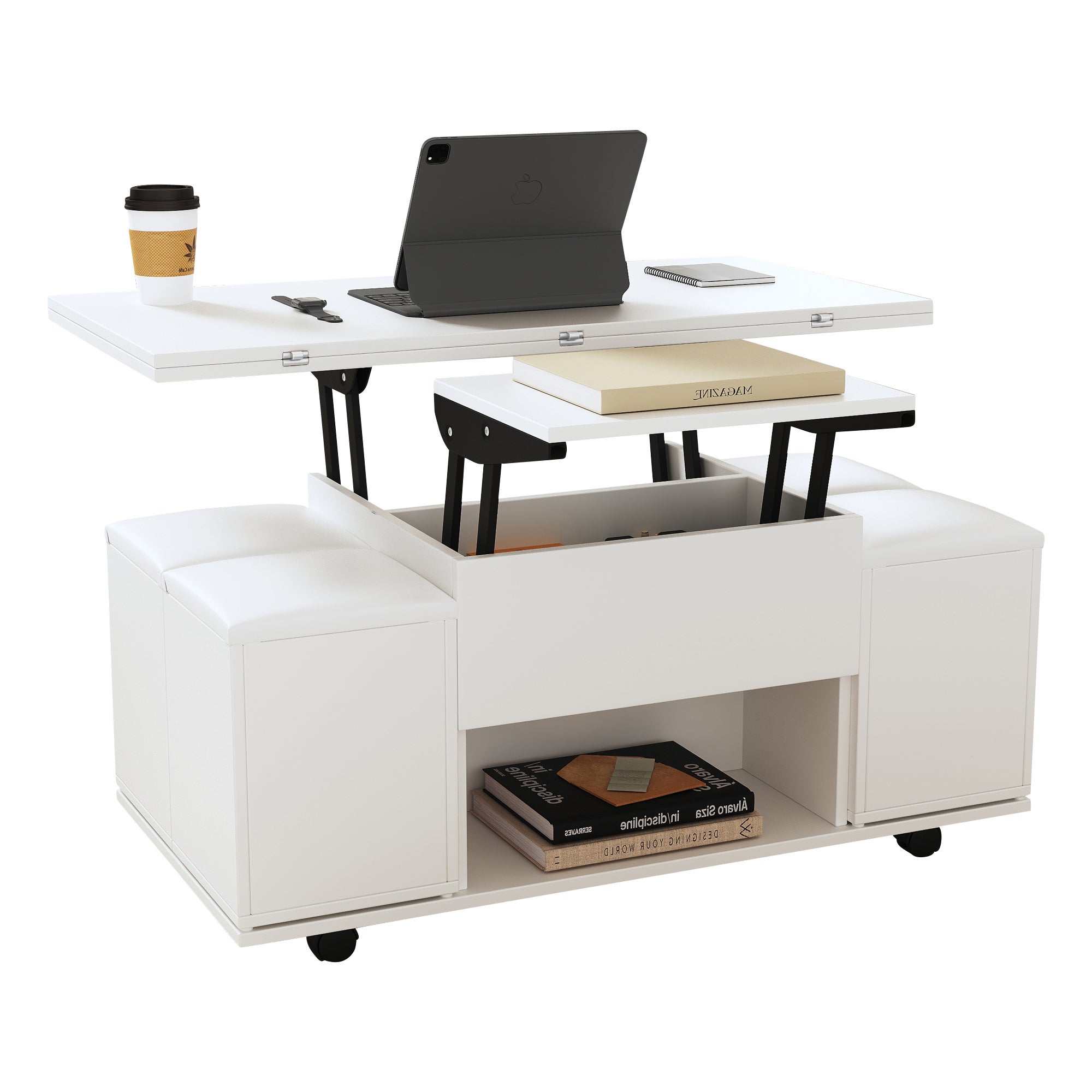 Table basse relevable avec 4 tabourets - 100 x 50 x 48 cm - Panneaux de particules - Blanc - 11