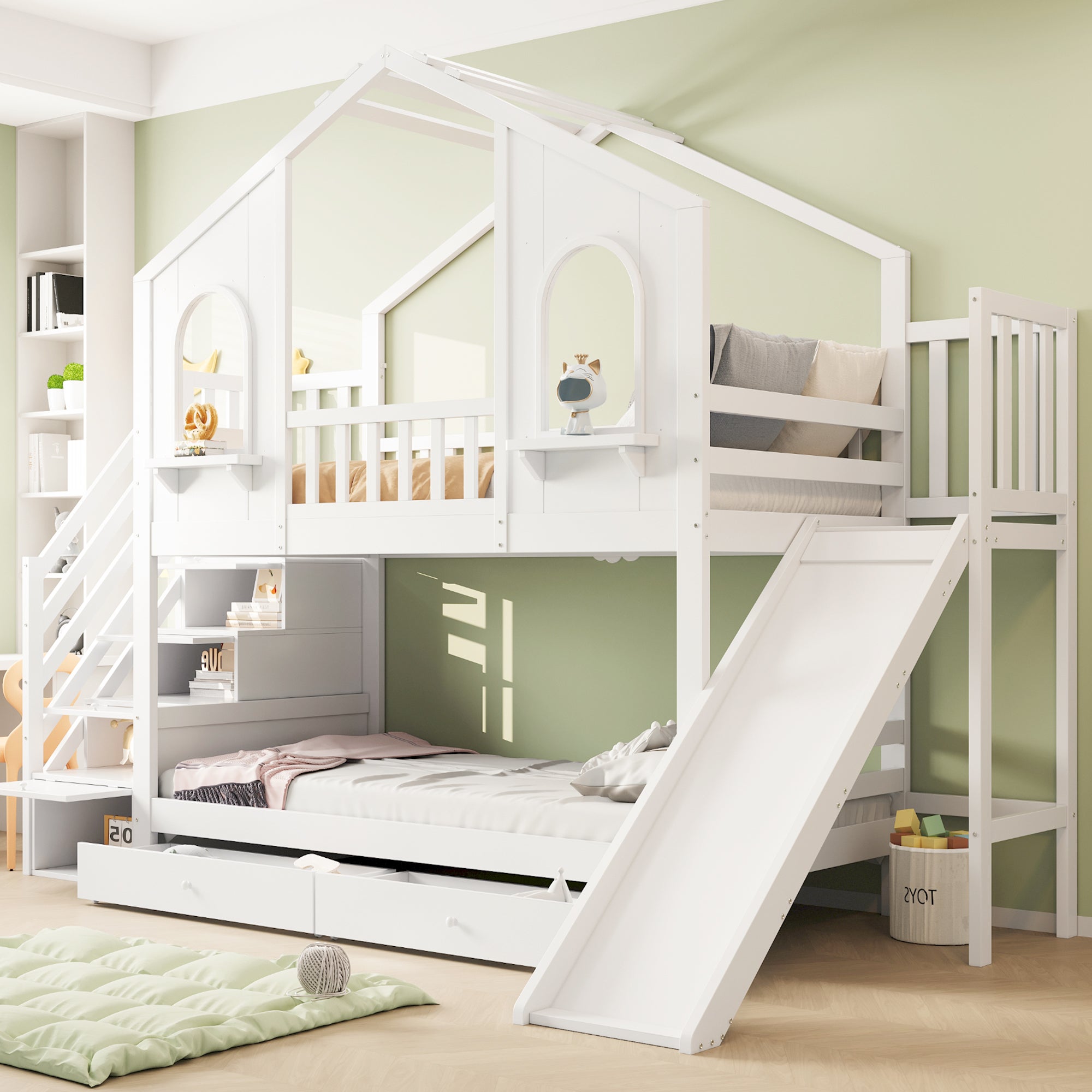 Łóżko piętrowe dziecięce 90x200 cm - Design domku - z drabinką schodkową + zjeżdżalnią - z 2 szufladami - biały (materac nie jest wliczony w cenę) - 3