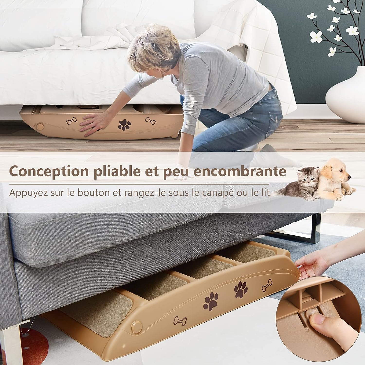 Escada dobrável para cães com 4 degraus, carga máxima de 60 kg, 64 x 39 x 49 cm, cor café - 3