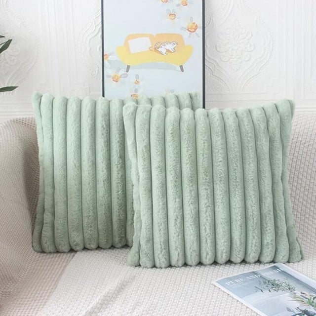 Housses de coussin vert sauge - 40 x 40 cm - fausse fourrure moelleuse, 2 pièces, pour housses de matelas de canapé