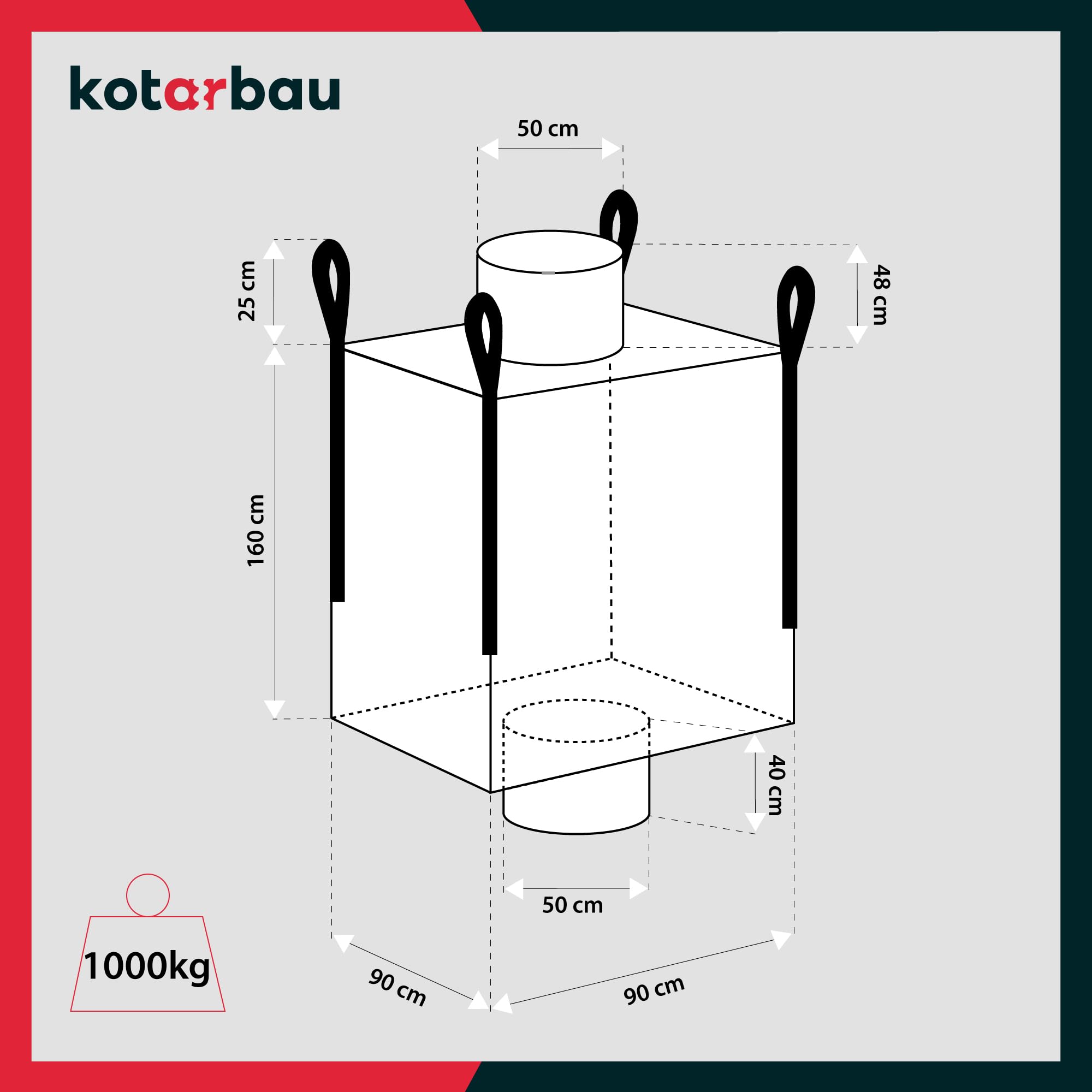 Sac Big Bag Vide, Sac Gravat Chantier 90 x 90 x 160 cm 1000 kg avec trémie de vidange - KOTARBAU - 3