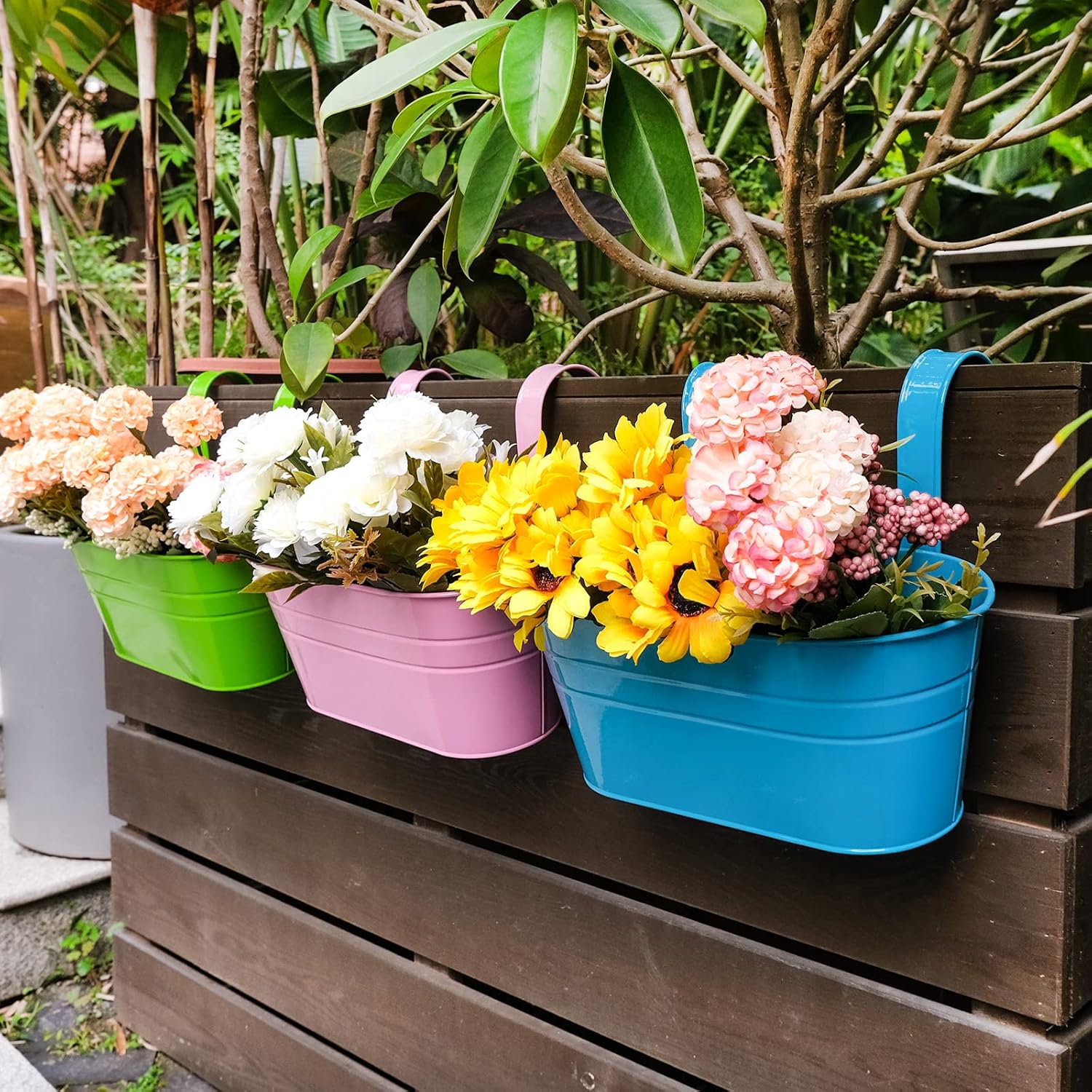 (4 PCS) (Grand)Pots de Fleurs Pots de Fleurs à Suspendre en Fer en Métal Pots de Jardin Jardinières de Balcon Seau en Métal Porte-Fleurs à Suspendre - 6