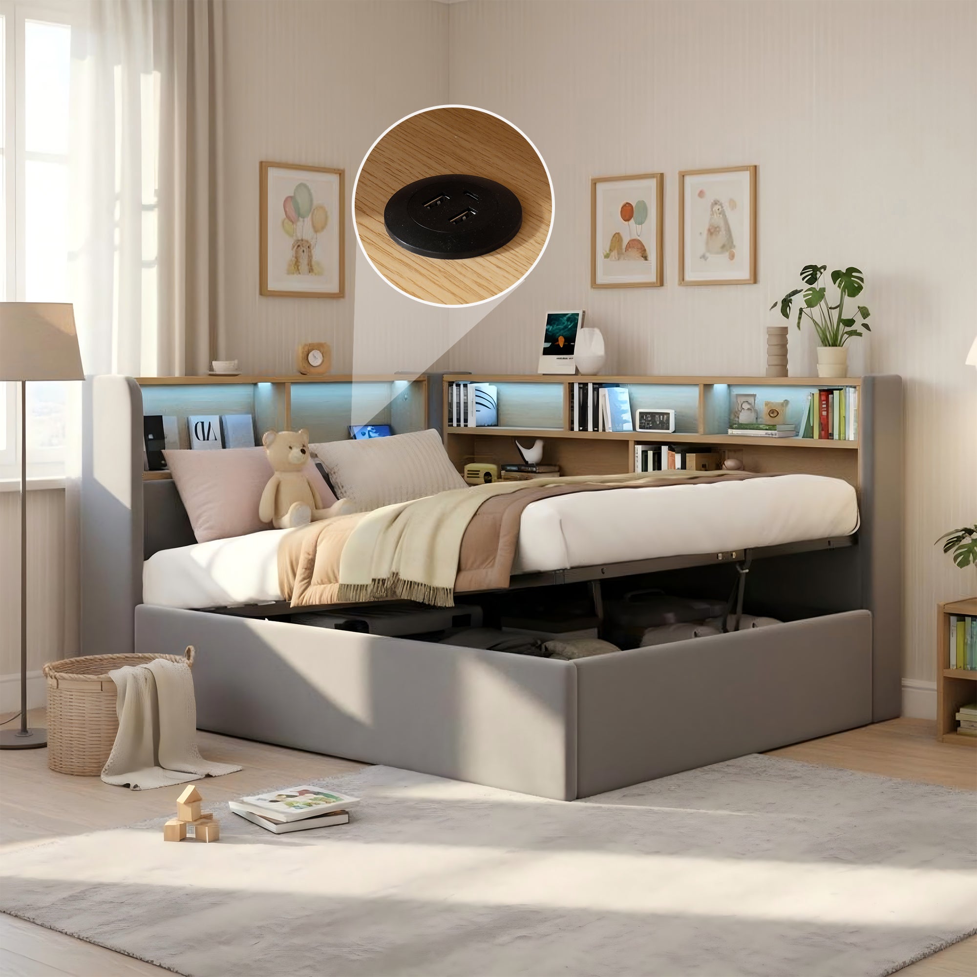 Łóżko 90 x 200 cm z pojemnikiem na pościel, zagłówkiem i schowkami, sofa rozkładana - aksamit - diody LED, porty USB - szare