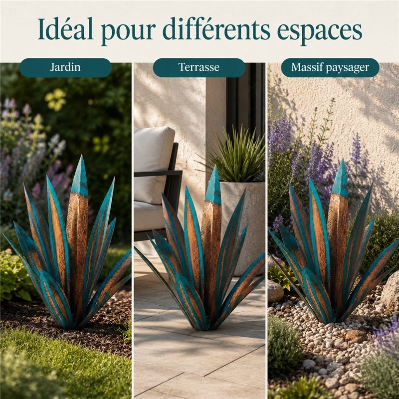 Agave décoratif en métal, sculpture de jardin rustique effet patiné bleu turquoise et cuivre, pour terrasse et extérieur, 55 x 10,5 x 10,5 cm - 6