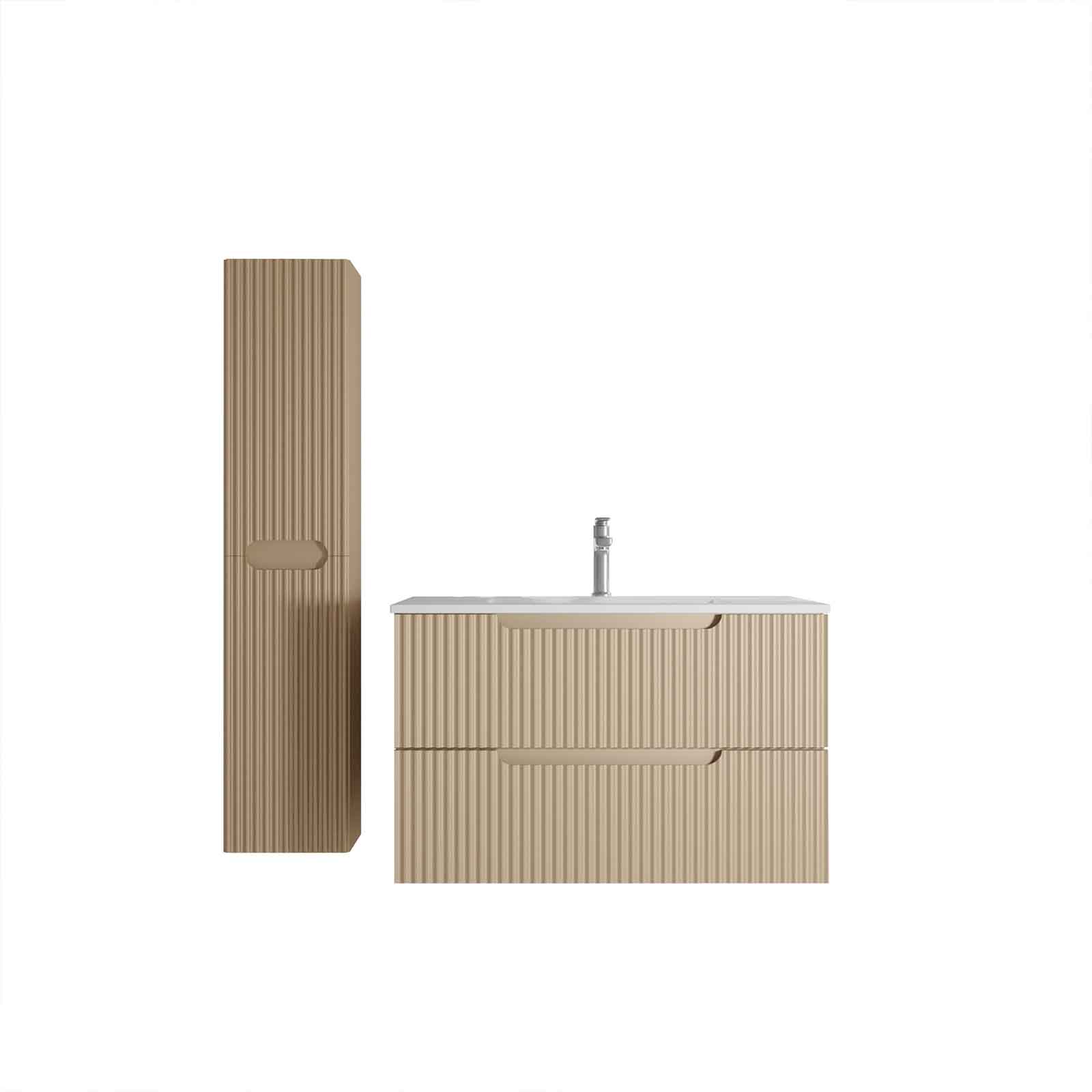 Meuble et colonne de Salle de Bains LEON 80cm Marron Glacé - Façades Ondulées - Vasque Blanche Mate - 3