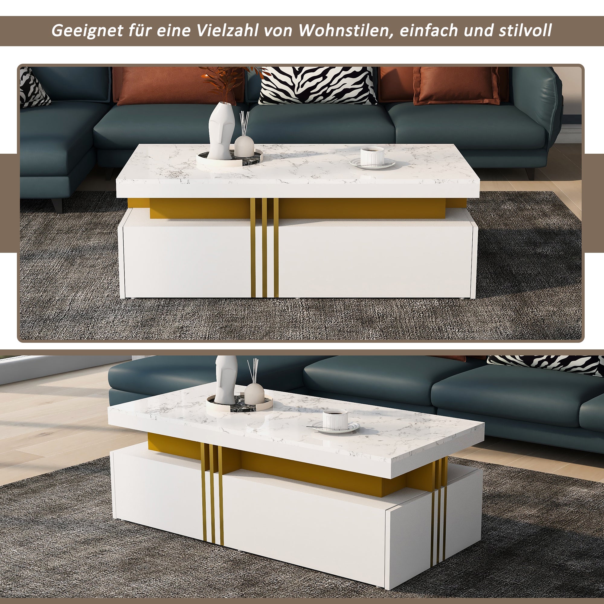 Table basse rectangulaire avec 2 tiroirs - 100x50x40 cm - panneaux de particules - plateau marbré, pour salon - blanc - 7