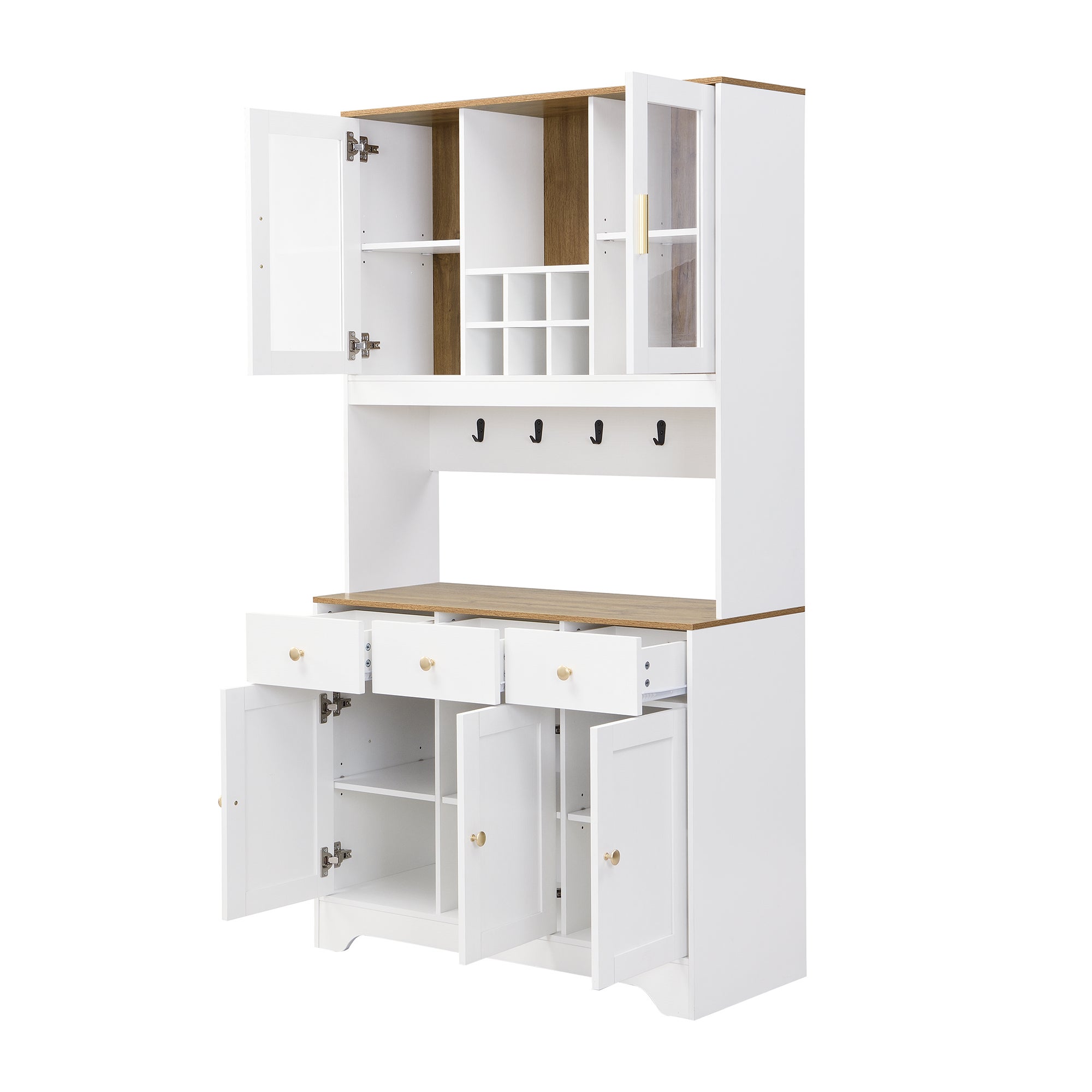 Komoda kuchenna z 5 drzwiami i 3 szufladami, regał wiszący do jadalni - 94,5 x 30 x 175,5 cm - MDF - Kolor naturalny i drewna - 3