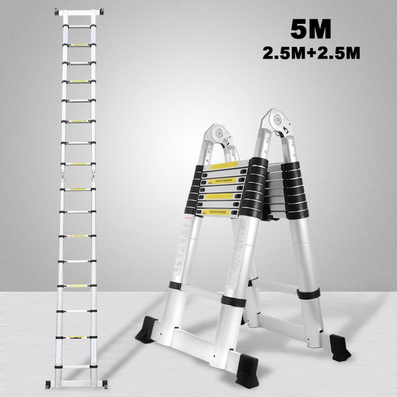 Drabina teleskopowa srebrna 2,5 m + 2,5 m, rama drabiny z prętami podporowymi i szczeblami, nośność do 150 kg