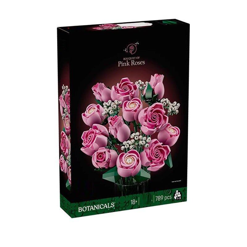 Bouquet de roses artificielles roses - Blocs de construction pour adultes, décoration intérieure - Cadeau de Noël - 2