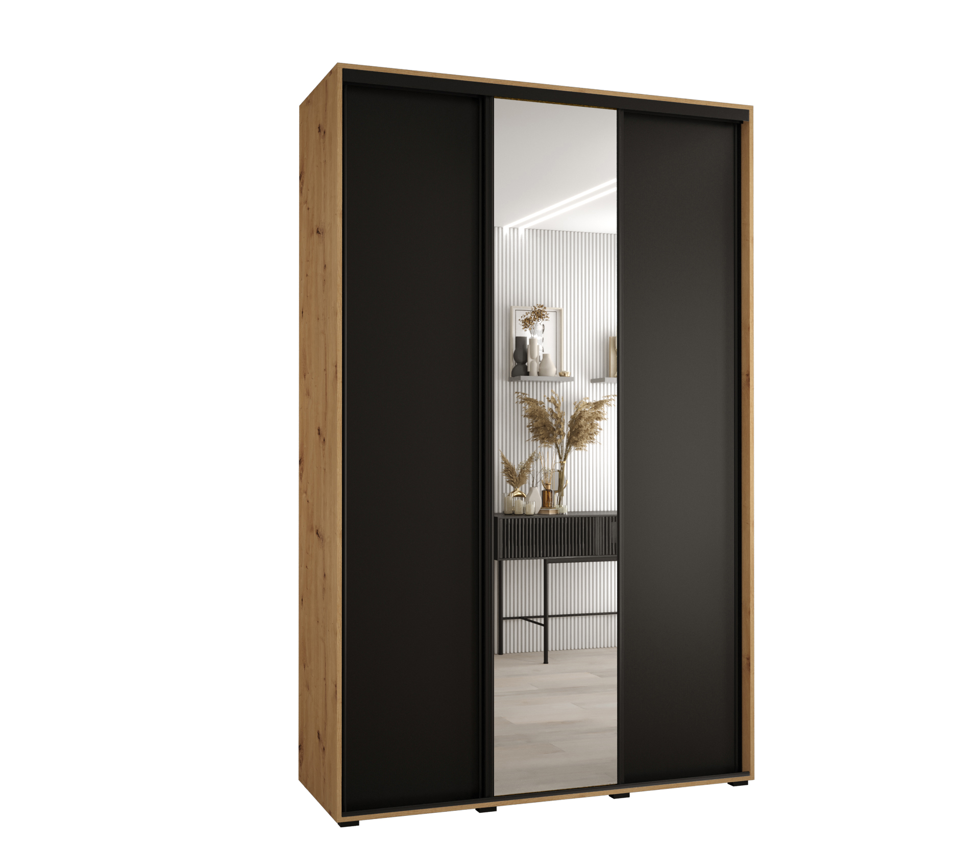 Szafa przesuwna z lustrem wysoka Davos 3 160 x 45 x 235,2 cm artisan + czarny + u. czarny - Abiks Meble