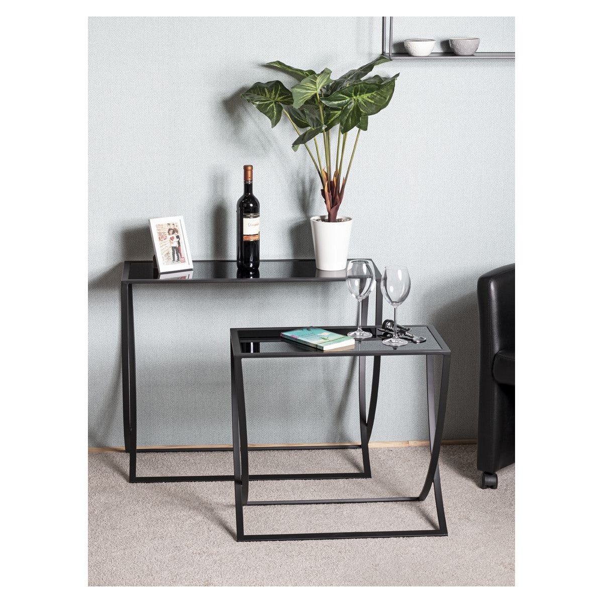 Lot de 2 tables d'appoint 80 et 60 cm en métal et verre noir - MACEIO - 4
