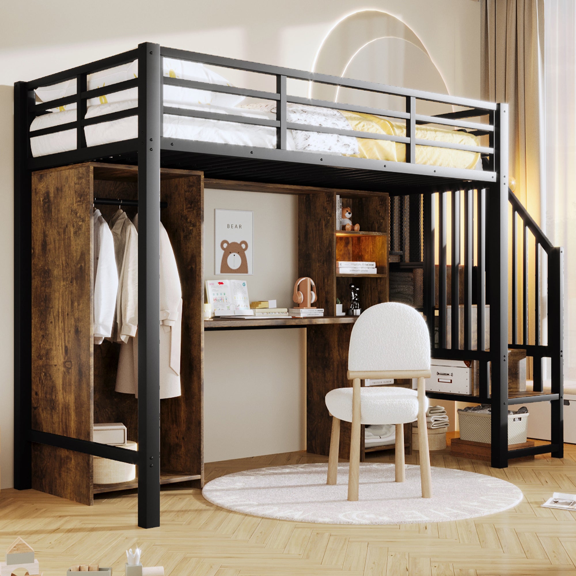 Lit mezzanine avec bureau,Lit simple 90x200 cm avec penderie et rangements,Lit mezzanine en fer,avec escalier de rangement,Noir(matelas non inclus) - 2