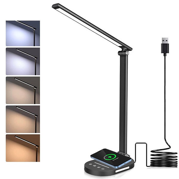 Lampka biurkowa ładowana przez USB, 5 temperatur barwowych/poziomów jasności, 5 W, światło LED, bezprzewodowe ładowanie telefonu