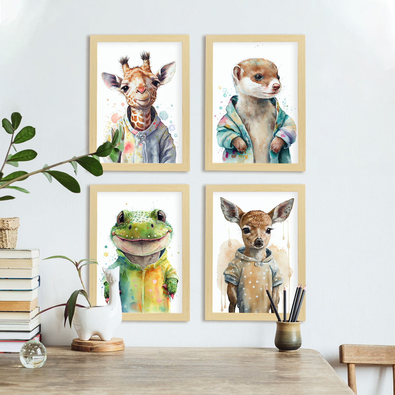 Alligator faw jirafa comadreja animales. estampados de arte de pared estético para el diseño de dormitorio o sala de estar marco madera clara - a4