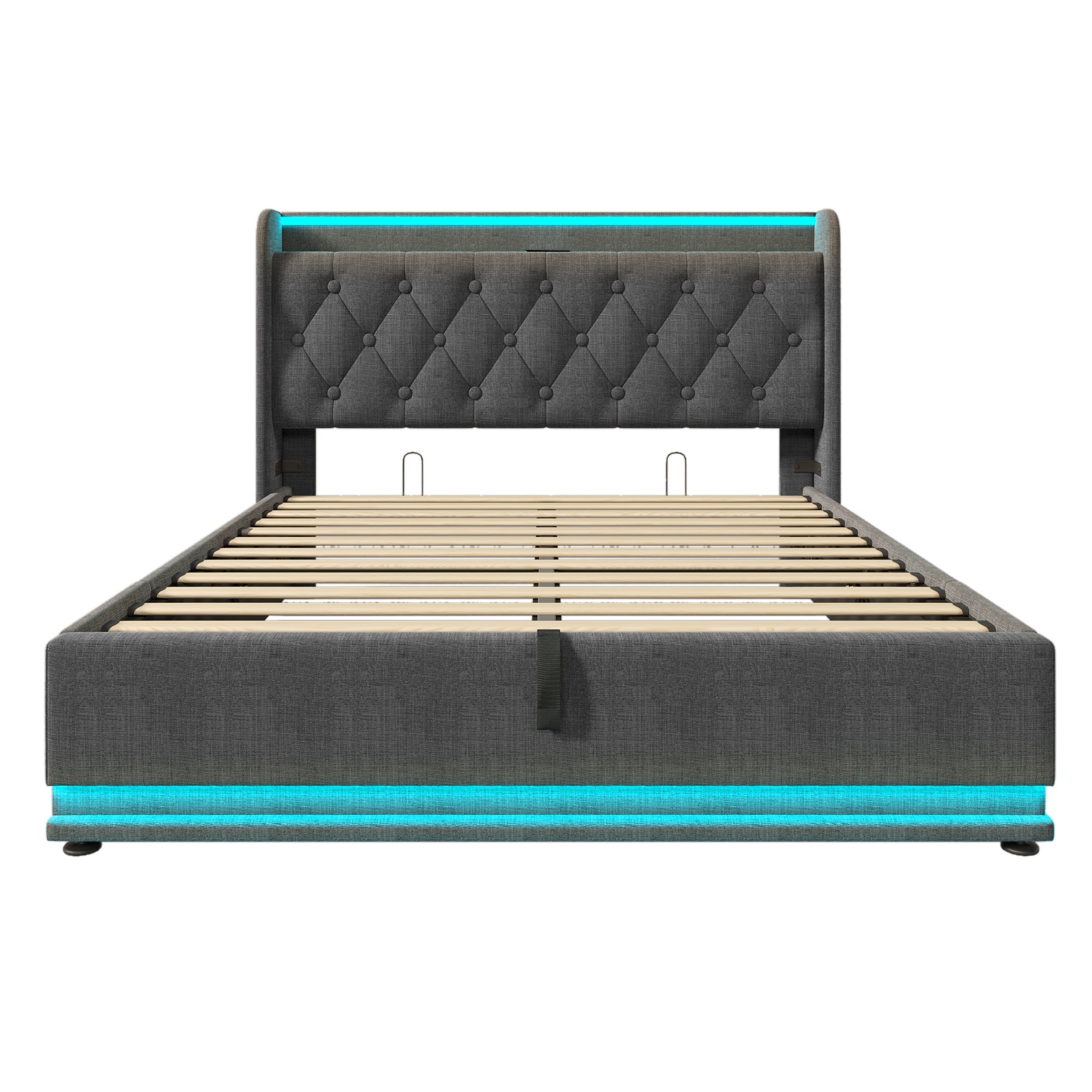 Cama con almacenaje de lino 160x200 cm - con LED y enchufes USB y tipo C - Gris - 8