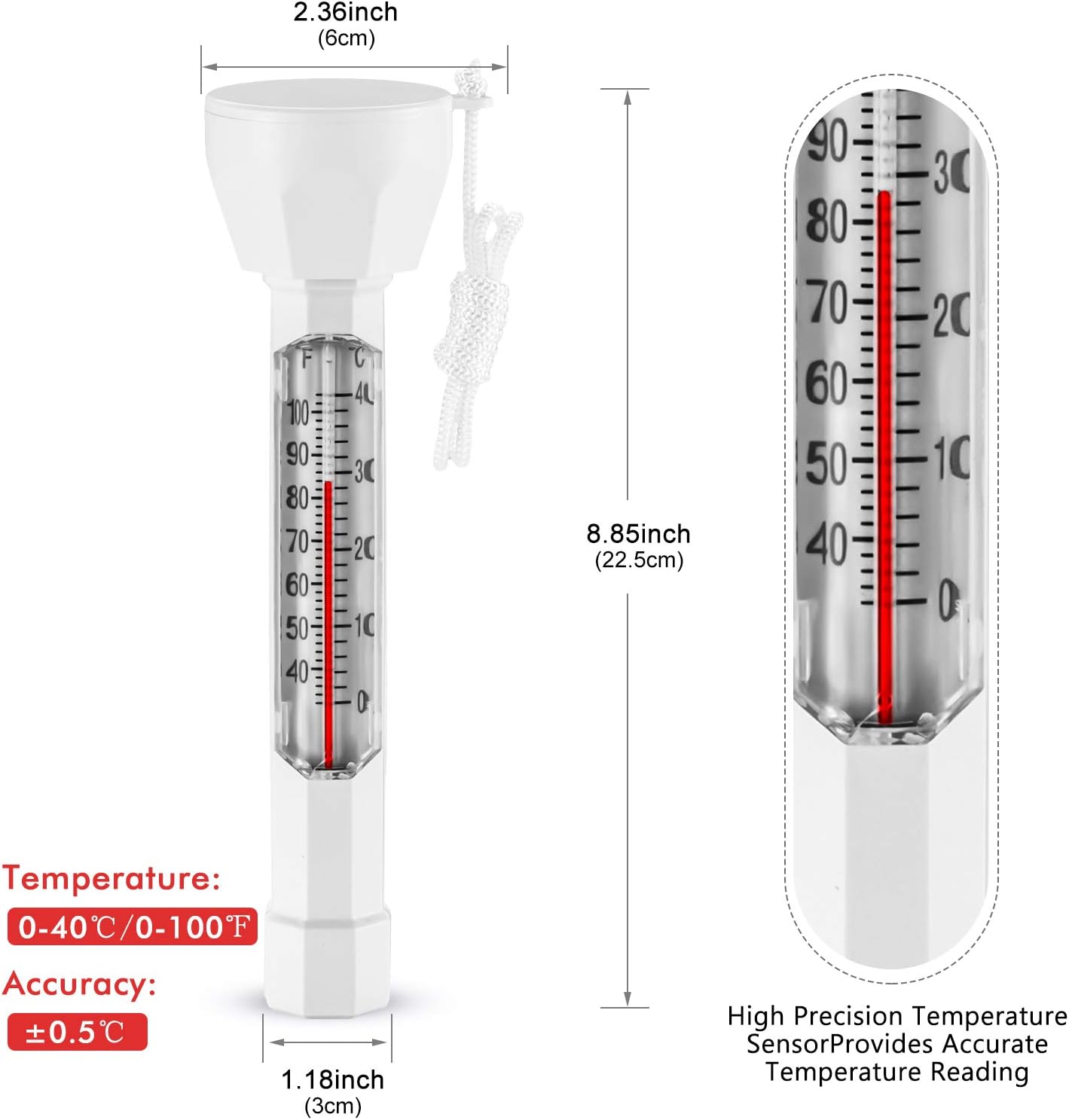 Pływający termometr basenowy, termometr basenowy ze sznurkiem, atrakcyjny termometr do pomiaru temperatury wewnątrz i na zewnątrz