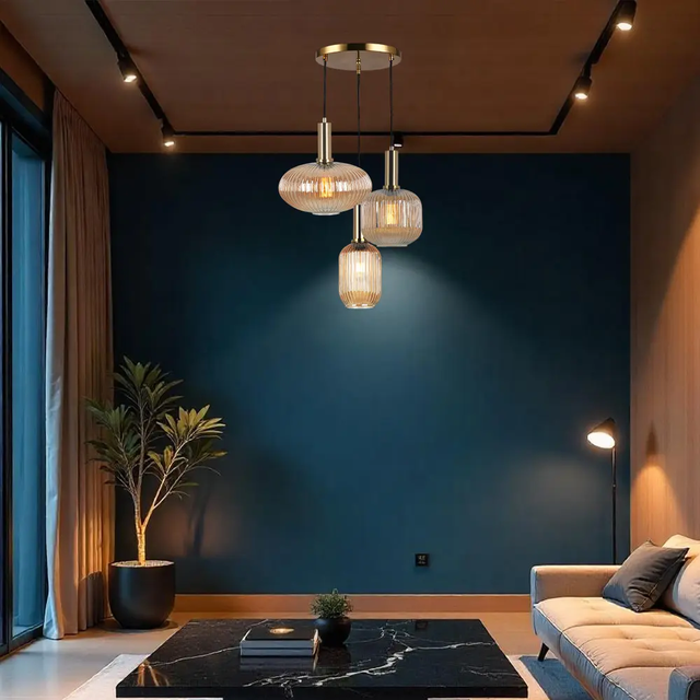 DekoArte - Lámpara colgante techo 3 luces E27 en cristal ámbar y latón cepillado – Altura 200 cm – Para salón, comedor o restaurante