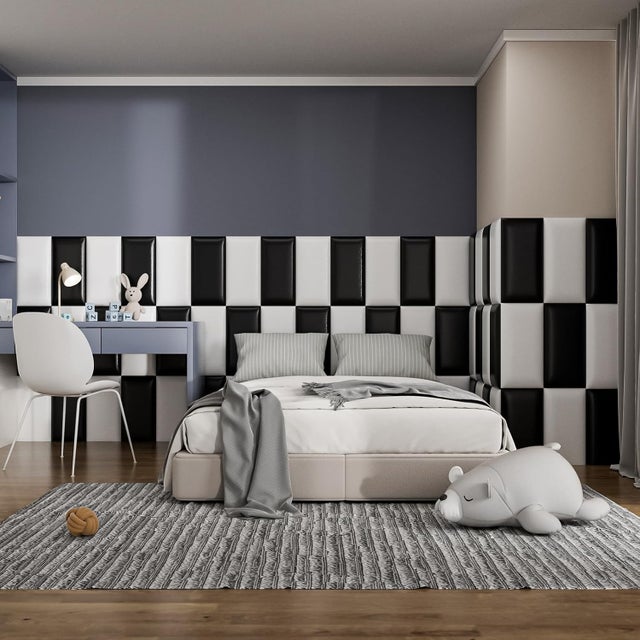 8 peças de acolchoamento de parede anticolisão 3D, Painéis de parede à prova de som, Tapetes de parede macios autocolantes, Preto e Branco, 30 x 50 cm