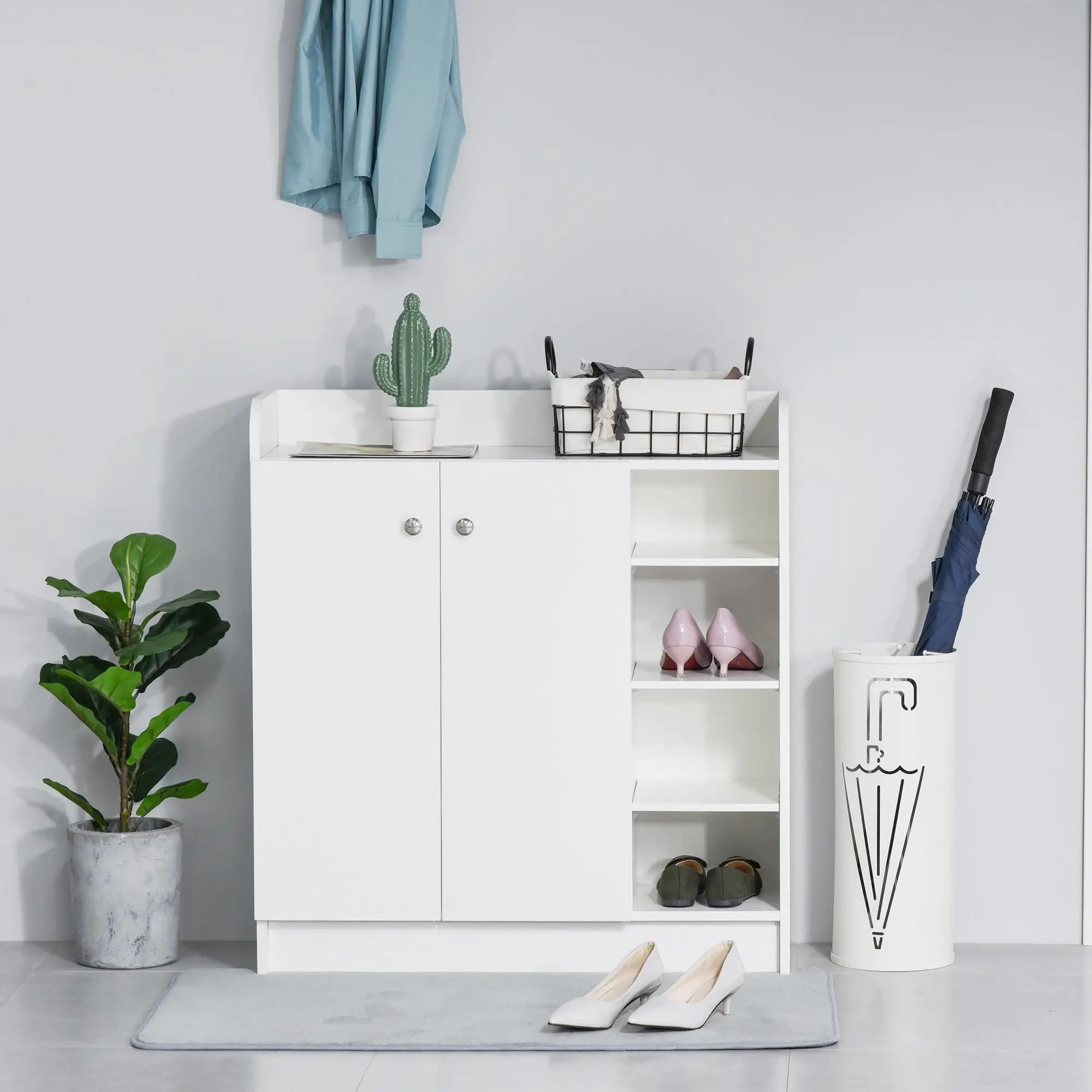 Biała szafka na buty 83x30x90 cm z 2 drzwiami, 4 otwartymi półkami, nowoczesny kompaktowy schowek
