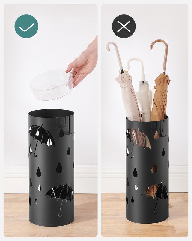 Porte-parapluie Design, Rond, en Métal, avec 4 Crochets, Bac de Récupération d'Eau Amovible, 17 x 41 cm (Ø x H), pour Entrée, Couloir, Noir - 3