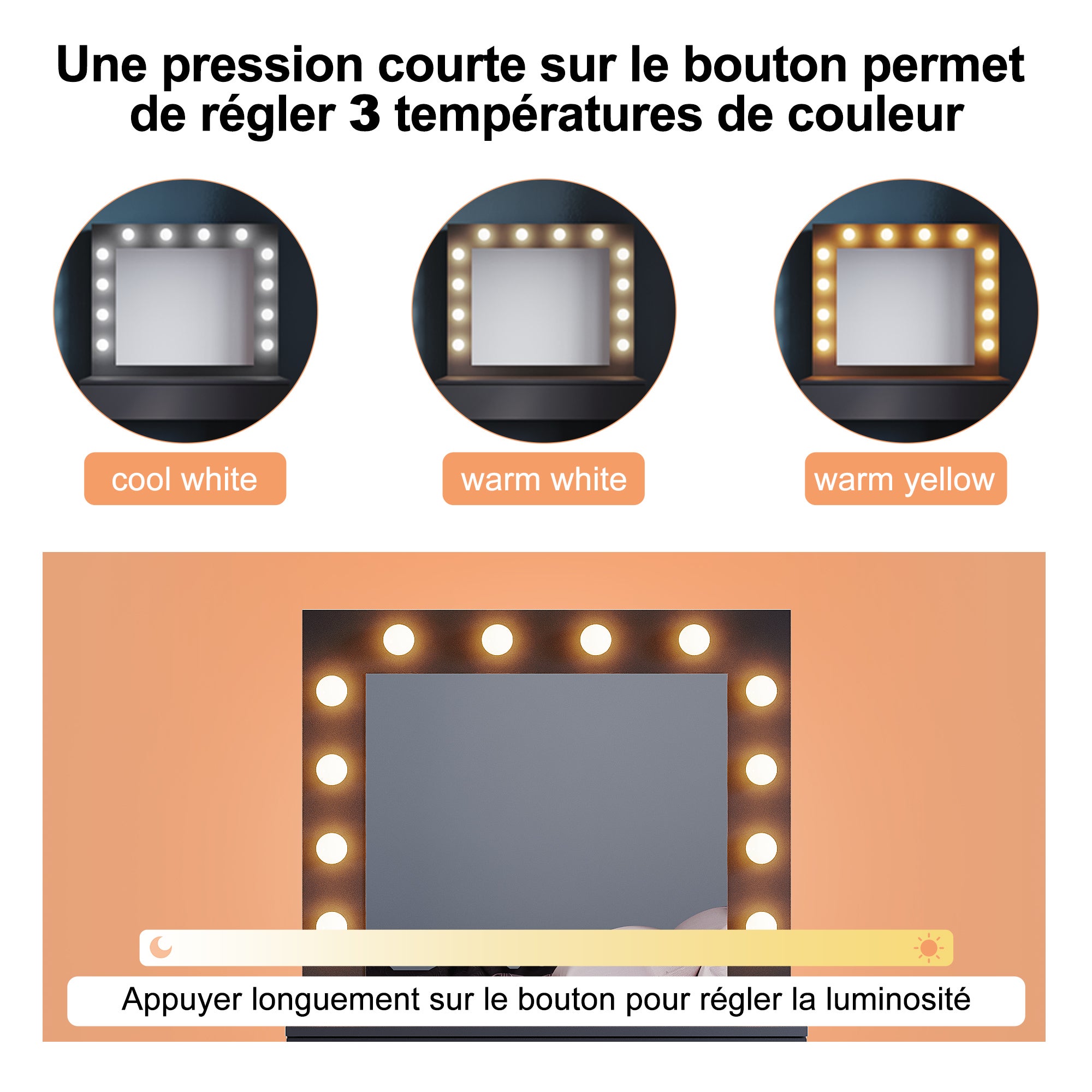 SIRHONA Coiffeuse avec Miroir et Tabouret Blanc,Ensemble de Coiffeuse avec Ampoules LED à Intensité Variable,Grand Tiroir,Noir 80x40x140cm - 7