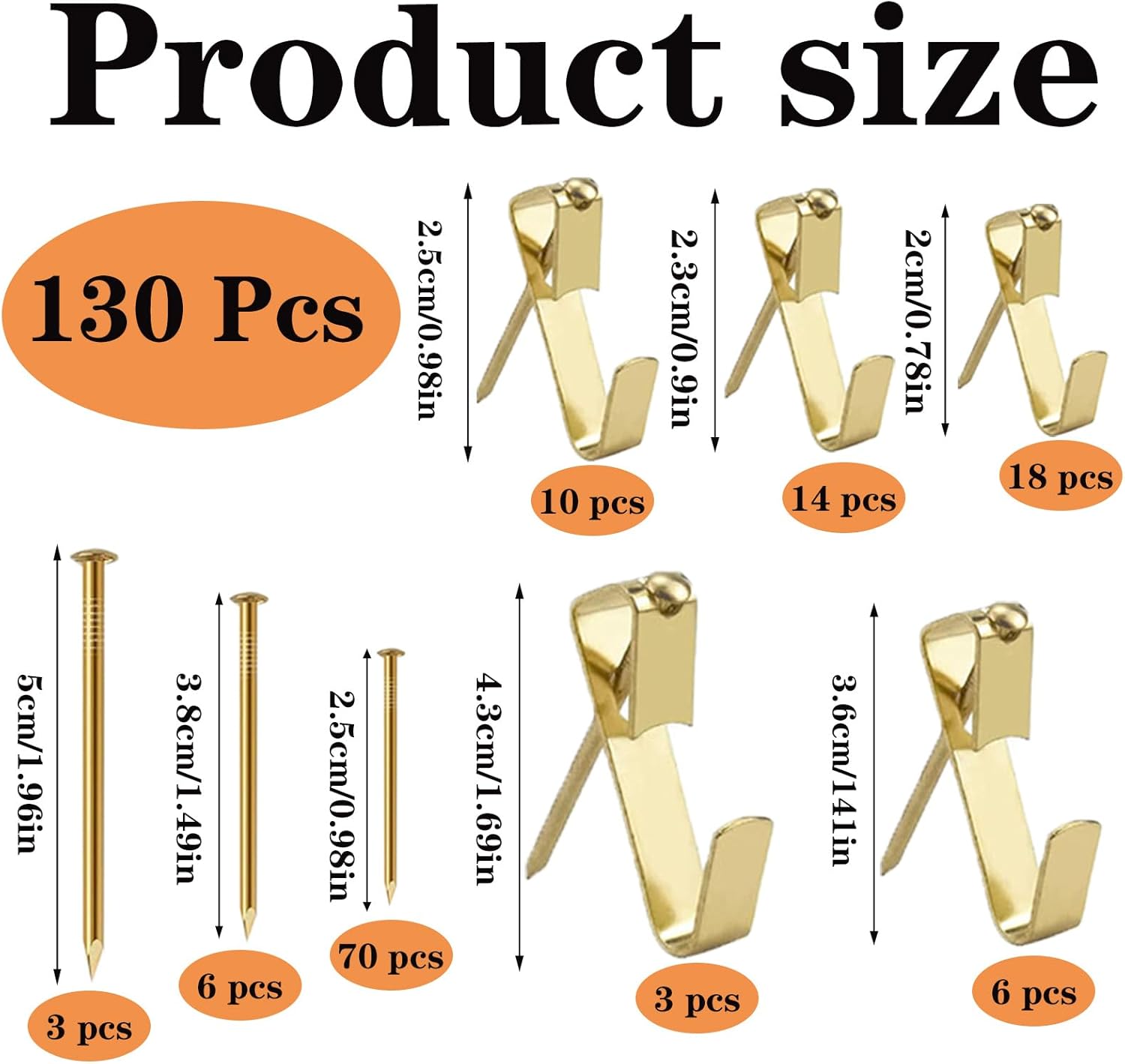 Ganci per cornici da 130 pezzi, ganci per quadri, kit ganci per cornici, adatti per appendere e fissare foto e orologi (ORO) - 2