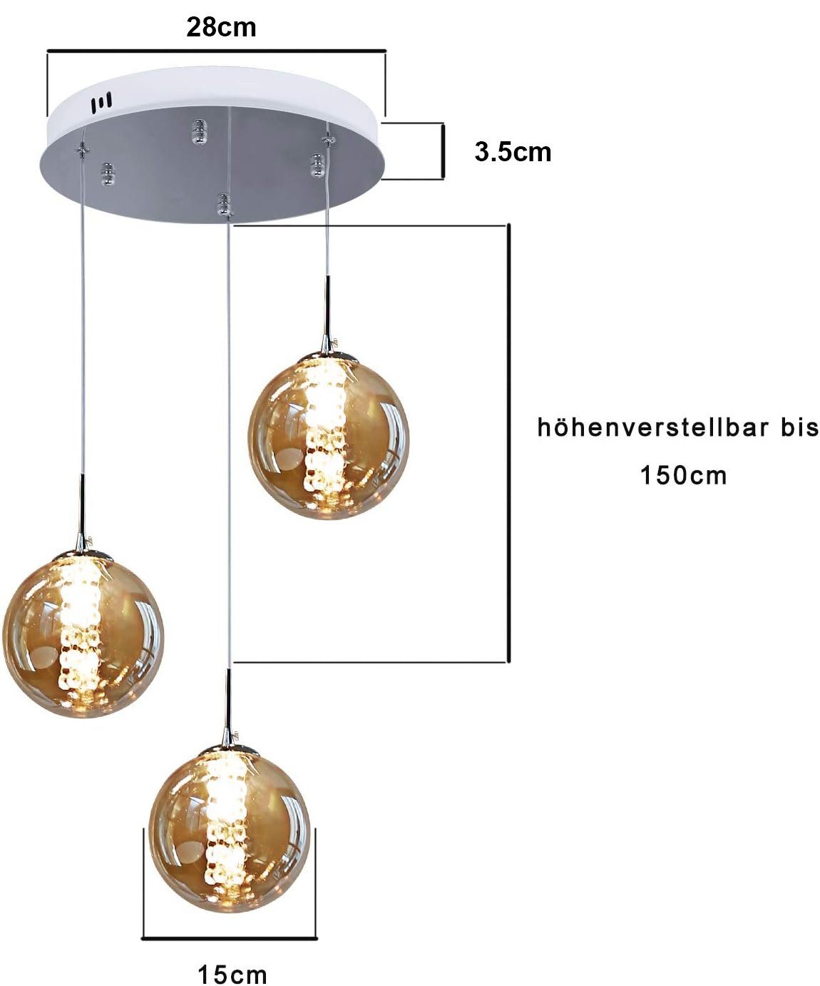 NETTLIFE Suspension en verre ambre Diam.28cm G9 lustre réglable en hauteur 3 lampes en ambre cuisine lampe de salon lampe de chambre lampe - 4