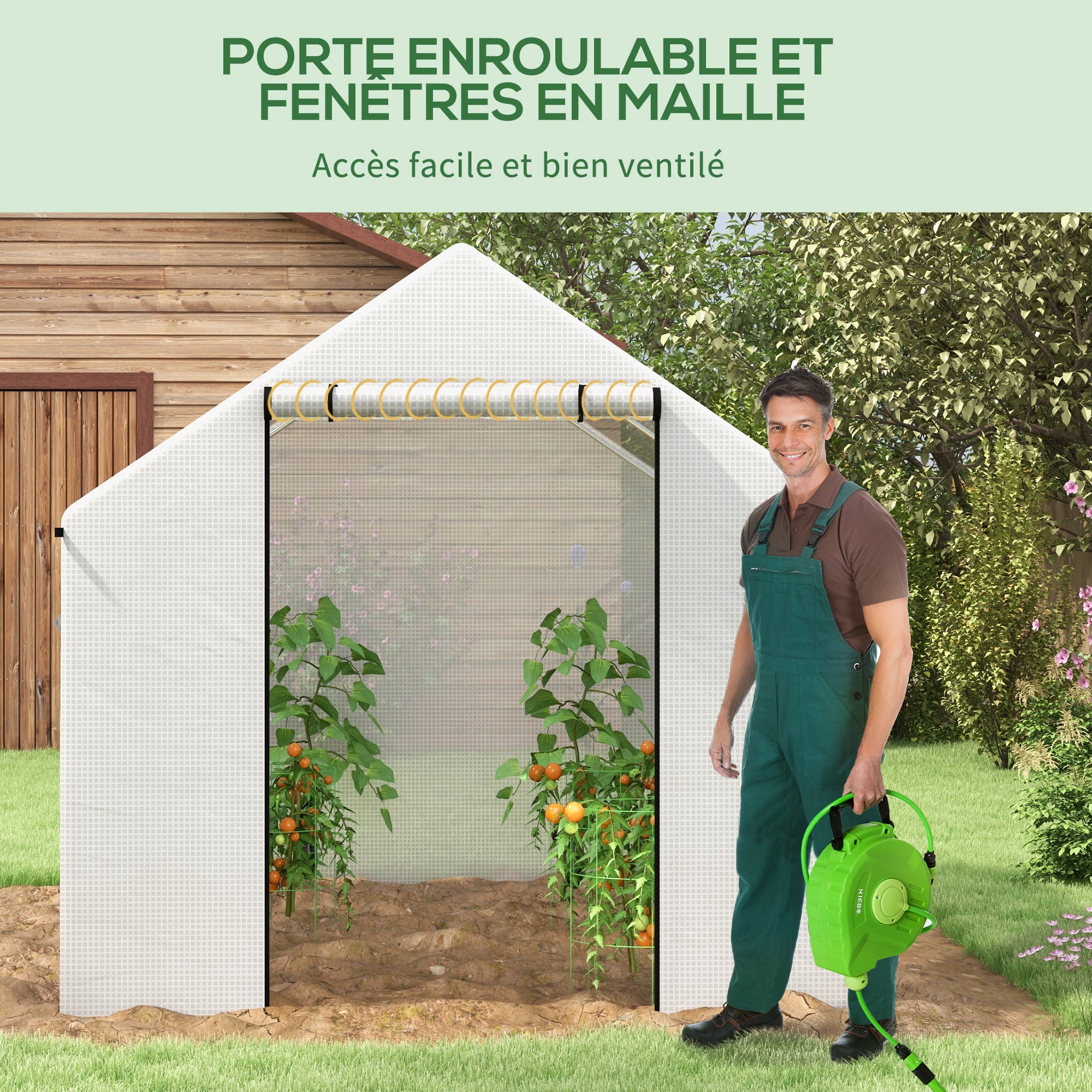 Serre de jardin tunnel 2x3m,6m² avec porte enroulable,4 fenêtres,- Acier galvanisé PE Haute densité Blanc - 7