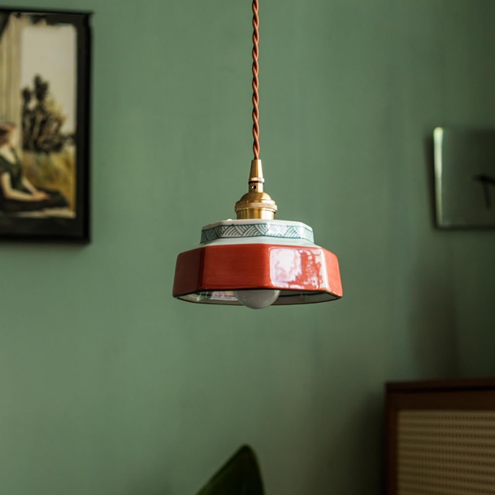 Suspension vintage en céramique, petit lustre, lampe de chevet LED, plafonnier suspendu en porcelaine, φ14cm, pour salle à manger, chambre, cuisine - 7