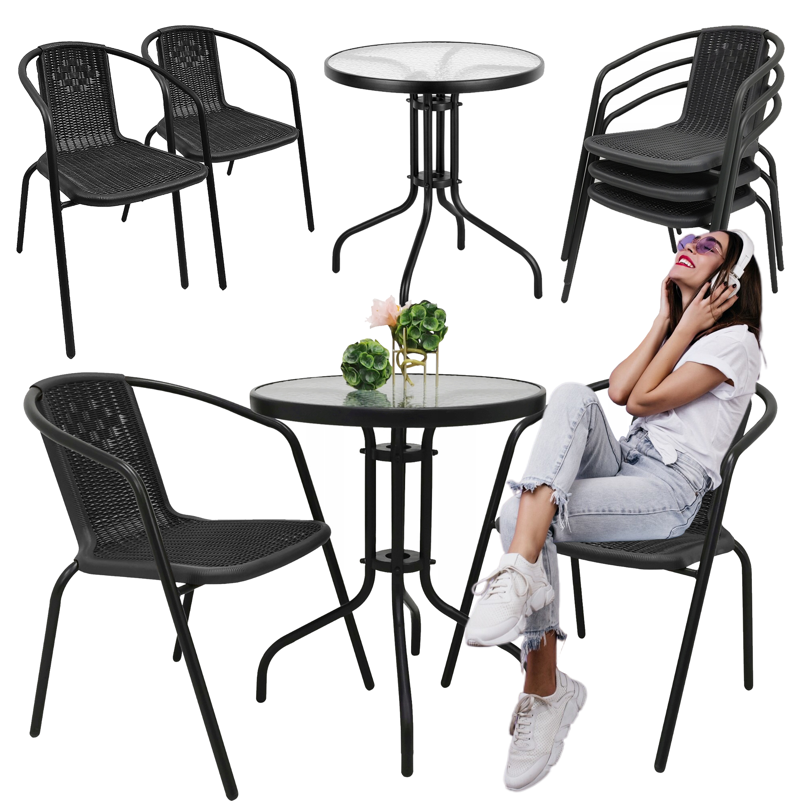 Zestaw mebli ogrodowych na balkon taras stół Bergamo 120x70 + 4x krzesło Loretto czarny