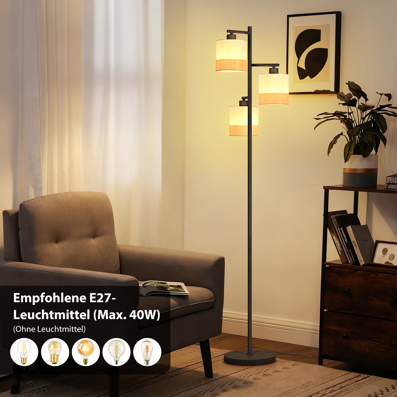 Nettlife Lampa Wisząca Vintage 3xE27, Biały Żyrandol Tkanina, Retro do Salonu i Kuchni (Brak żarówek) - 2