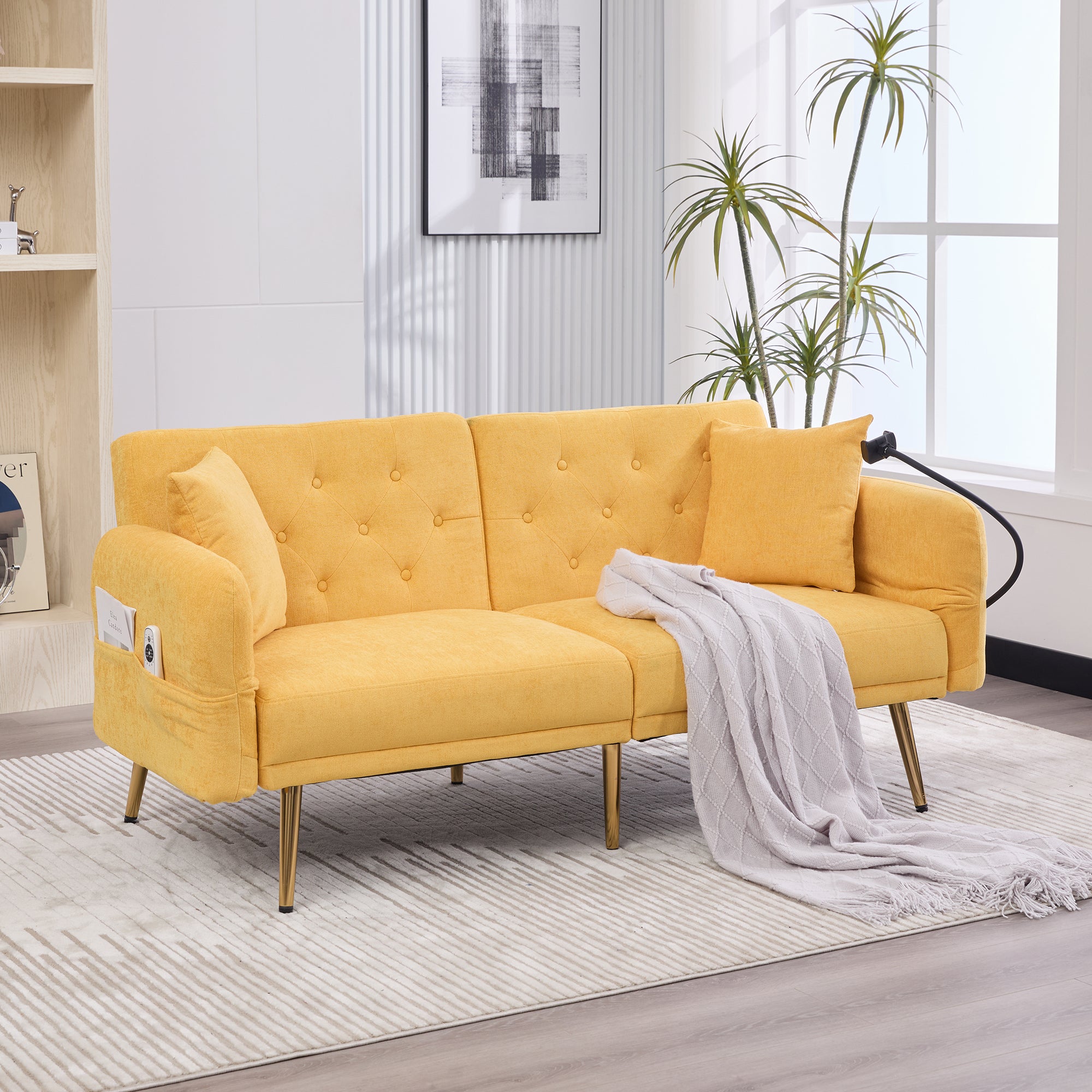 Canapé convertible - Dossier réglable et ports USB - 2 places - Chenille - Jaune (173x78x78cm) - 8