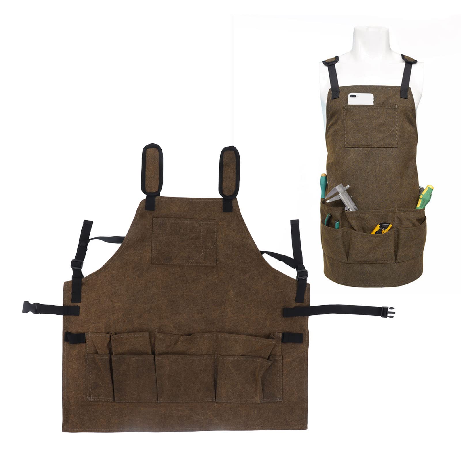 Delantal de taller de carpintería de gran capacidad con bolsillos ajustables y correas de hombro, delantal encerado para carpinteros y ele - 2