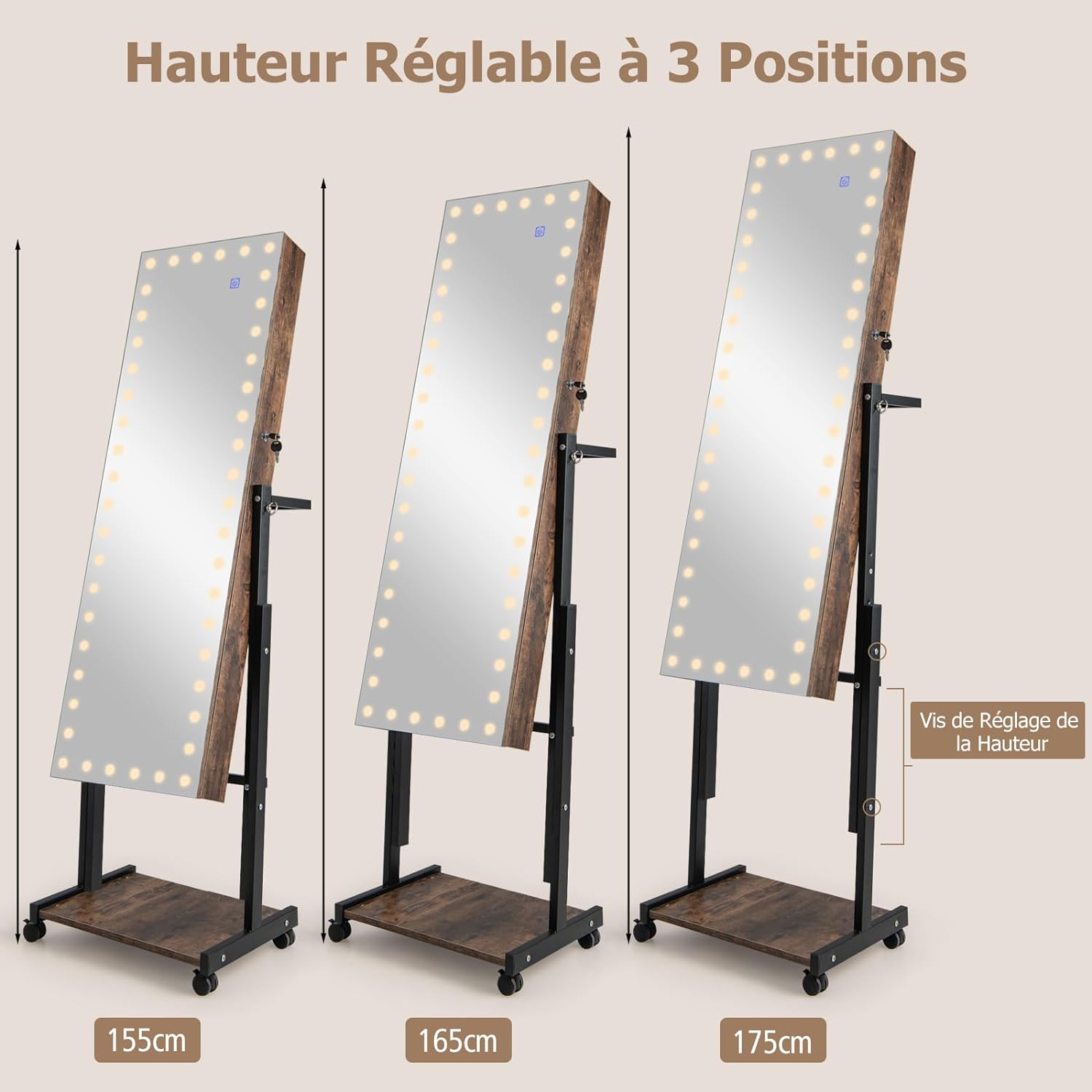 Armoire à Bijoux Miroir Pleine Longueur avec LED Réglable en Hauteur et en Angle-Roues Universelles et Porte-manteau, Marron - 7