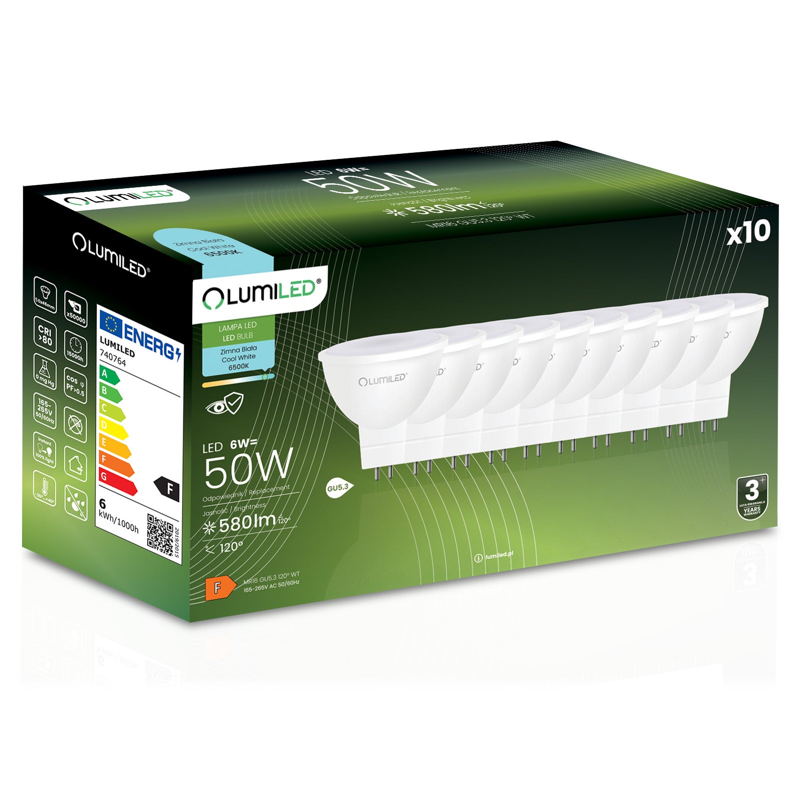 10x Żarówka Lumiled LED GU5.3 Reflektor MR16 6W = 50W 580lm 6500K Zimna 120st