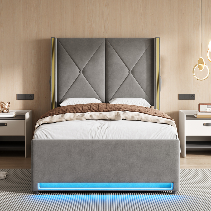 Lit 90x200 avec ports USB et éclairage LED,Lit simple rembourré avec poches latérales,Lit coffre hydraulique,tissu velours,Gris foncé (Sans matelas) - 4