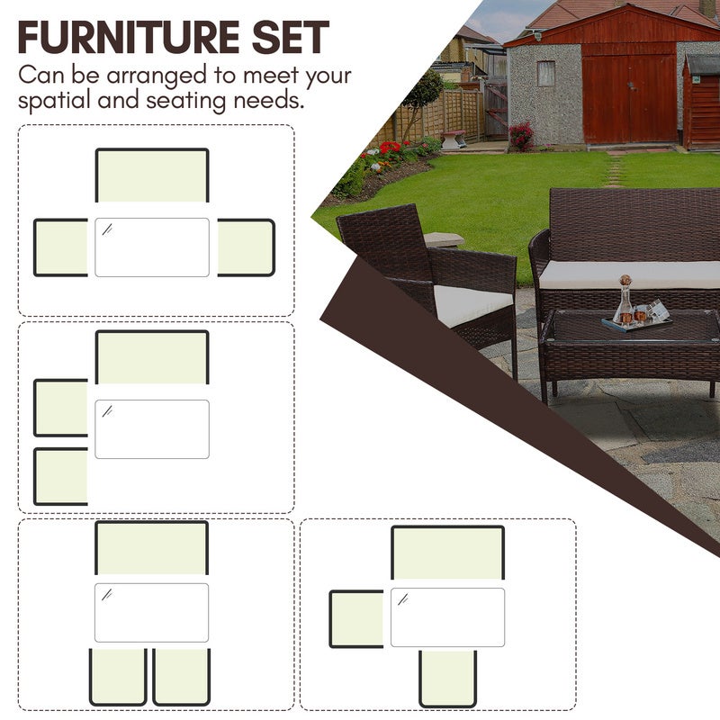Conjunto de mobiliário de jardim em resina castanha - 4 lugares - Sofá + Cadeirão + Mesa - 5
