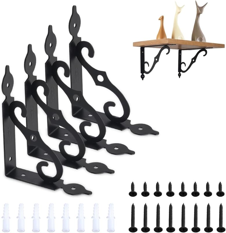 Zestaw 4 uchwytów ściennych na półki, 19 x 14 cm, do garażu, kuchni, sypialni (czarny), uchwyty na półki