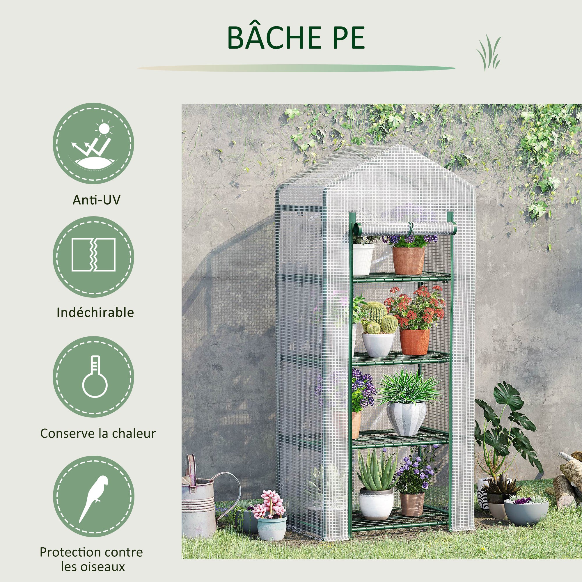 Outsunny Serre de jardin PE avec étagères 4 niveaux, serre de balcon, bâche renforcée 140 /m², châssis en acier, porte zippée enroulable 70x50x160cm - 7