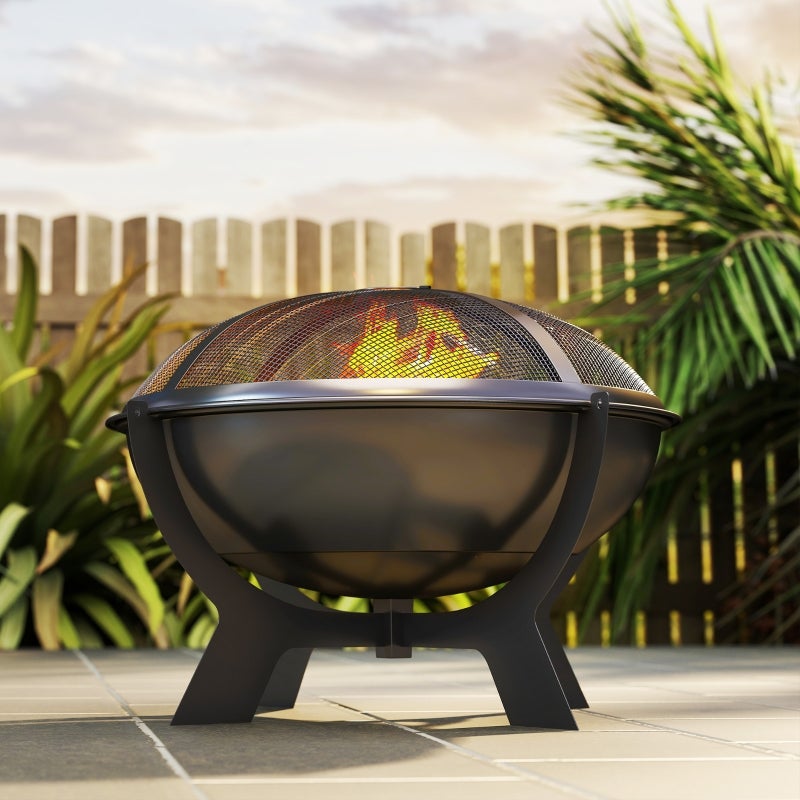 Brasero de metal redondo de Ø54 x 39 cm con protección contra chispas, atizador, portátil, para jardín, camping, color negro - 6