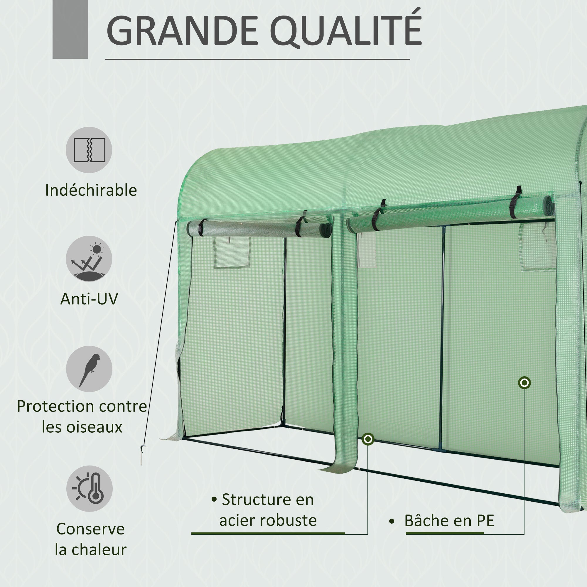 Serre de jardin - Outsunny - petite serre de balcon bâche pe portes et fenêtres roulantes - acier - 300 x 100 x 200 cm - vert - 4