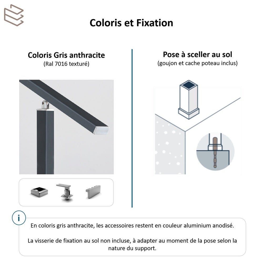 Garde-corps aluminium à 5 lisses carrées, Gris, 1m, pose à sceller, en kit, intérieur et extérieur, PRISTINA - 3