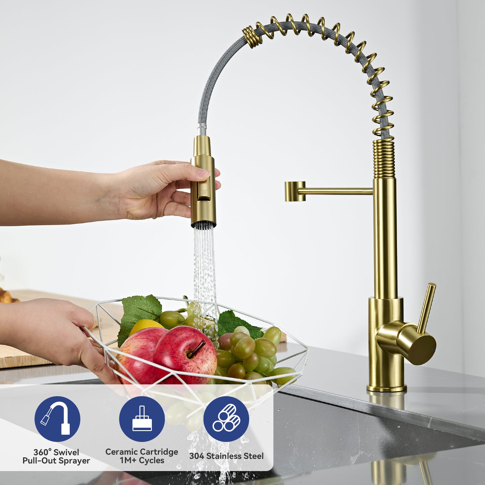 Cecipa Max Robinet Cuisine avec Douchette Extractible Dore, Mitigeur Cuisine avec 2 Jets, Robinet évier avec douchette - 3