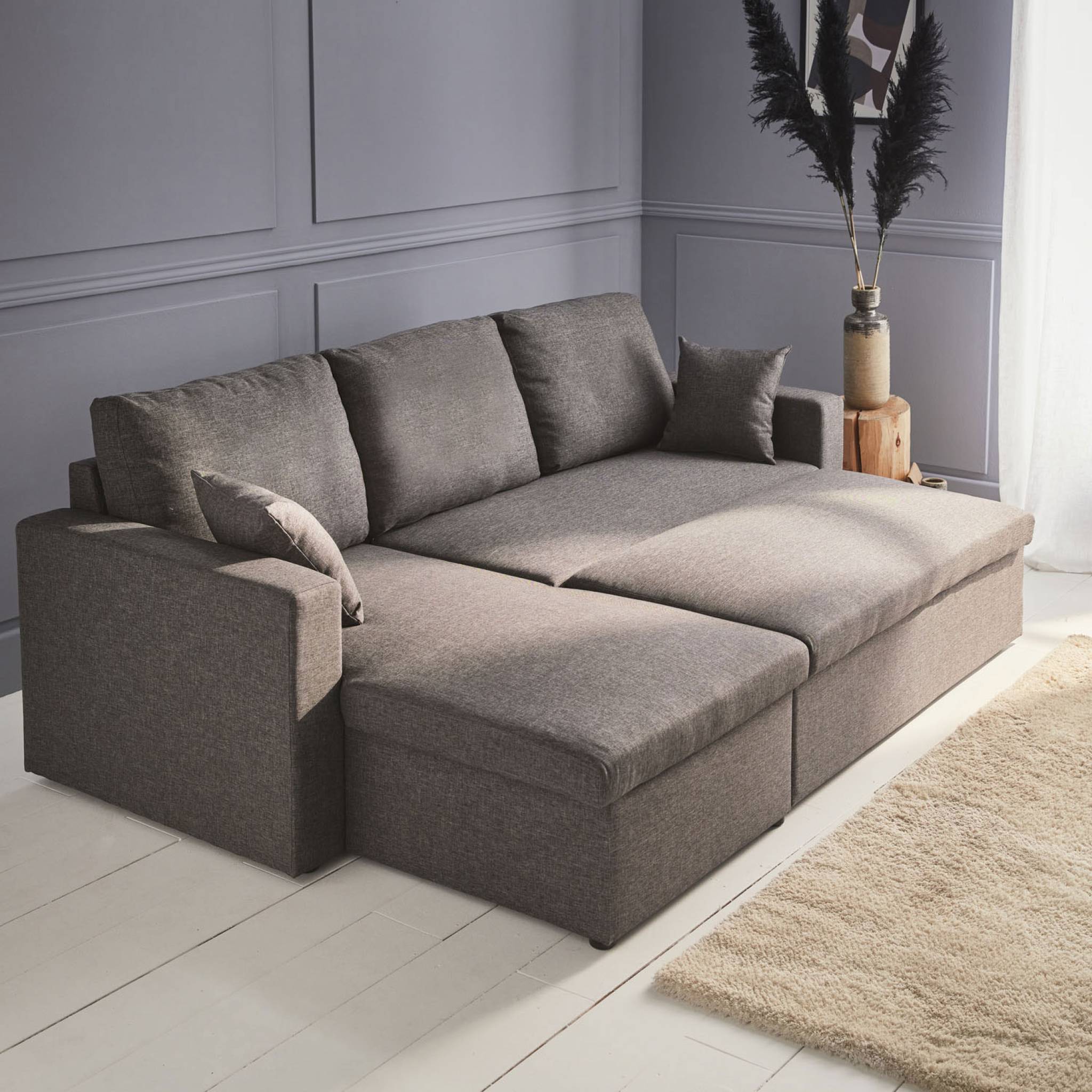 Canapé d'angle convertible en tissu gris chiné foncé - IDA - 3 places. fauteuil d'angle réversible coffre rangement lit - 3