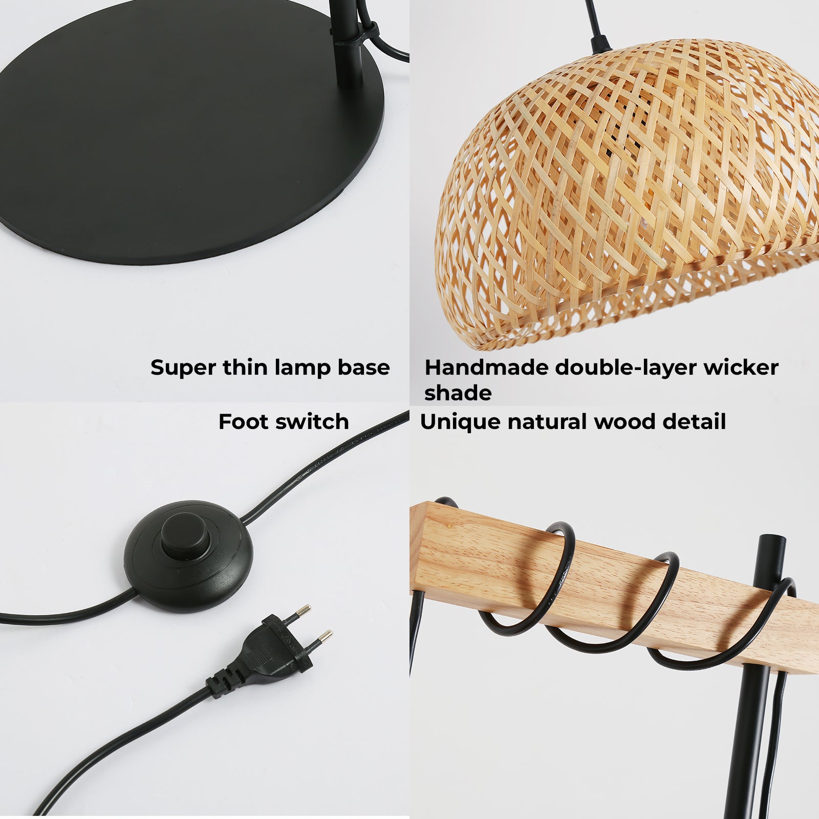 Lampe sur pied en bois et rotin avec abat-jour en bambou 